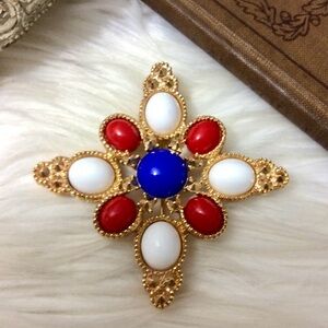 Vintage Sarah Coventry Brooch Red Blue Gold Pin